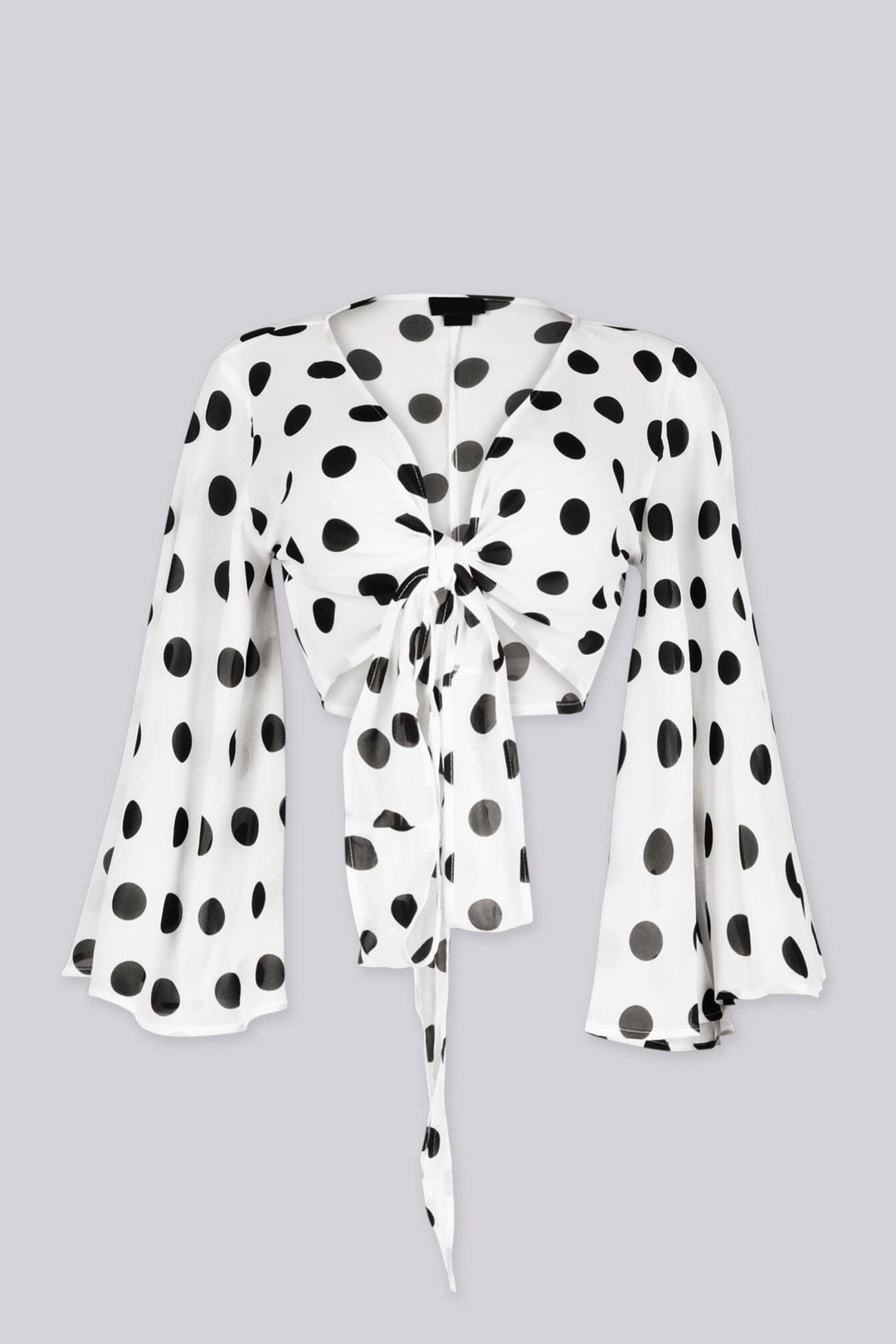 EDGEBYKS - Chiffon polka dot print kimono style crop top with self tie at waist, front view v2