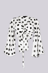 EDGEBYKS - Chiffon polka dot print kimono style crop top with self tie at waist, front view v2