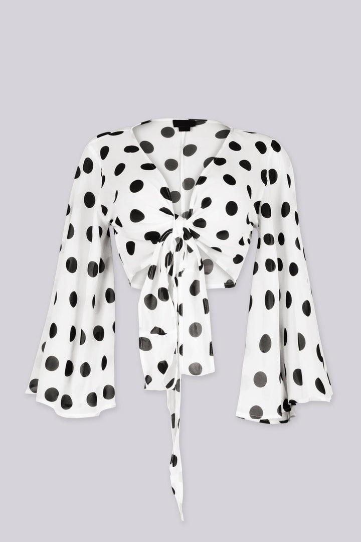 EDGEBYKS - Chiffon polka dot print kimono style crop top with self tie at waist, front view v2