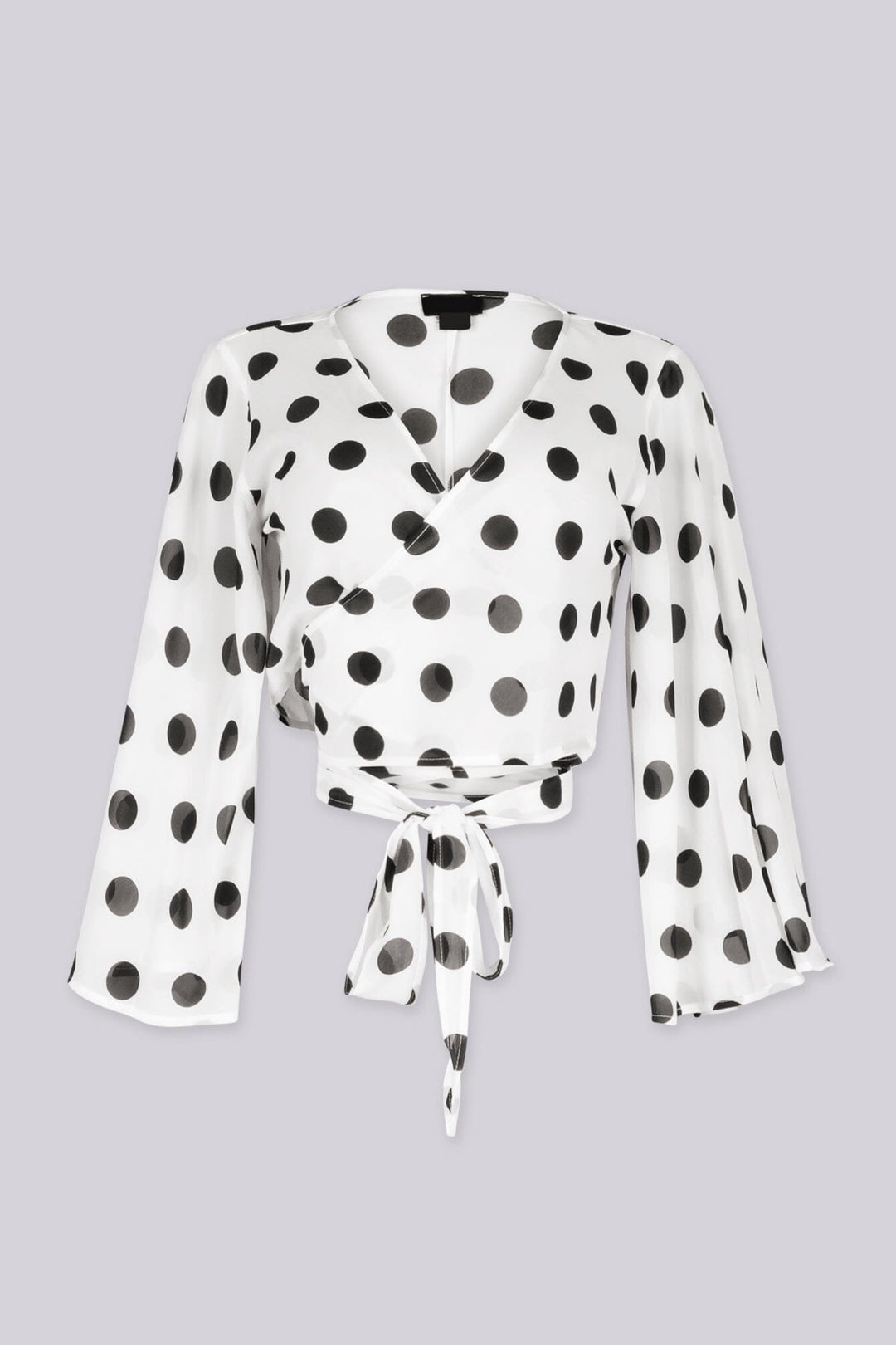 EDGEBYKS - Chiffon polka dot print kimono style crop top with self tie at waist, front view