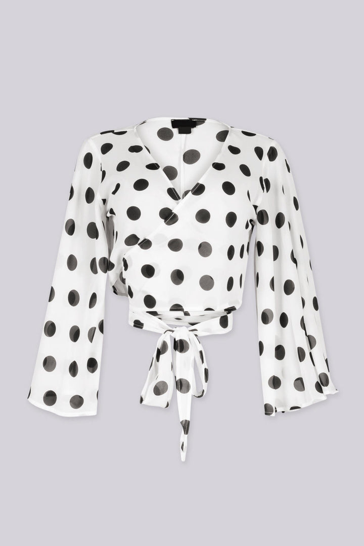 EDGEBYKS - Chiffon polka dot print kimono style crop top with self tie at waist, front view
