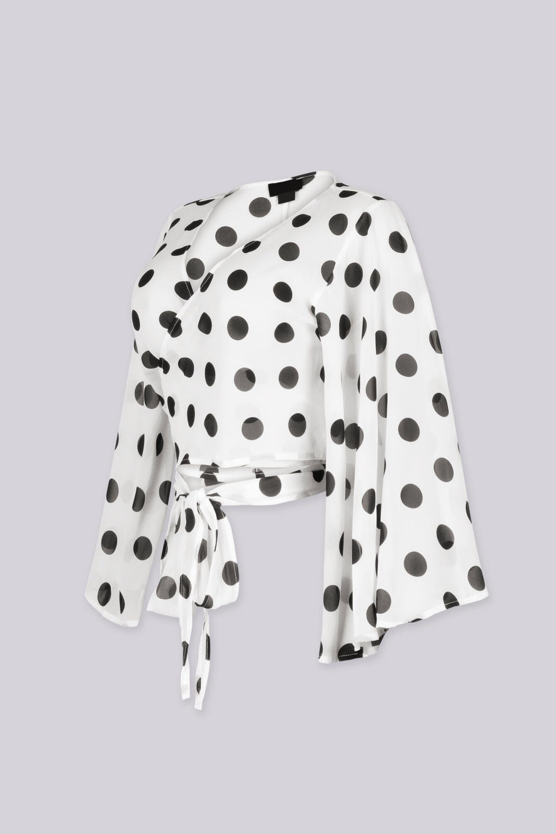 EDGEBYKS - Chiffon polka dot print kimono style crop top with self tie at waist, side view