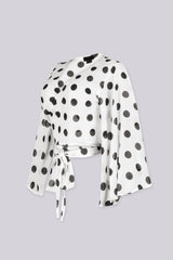 EDGEBYKS - Chiffon polka dot print kimono style crop top with self tie at waist, side view