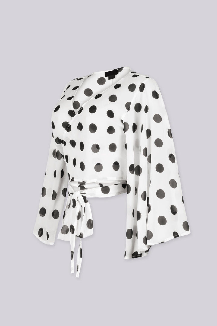 EDGEBYKS - Chiffon polka dot print kimono style crop top with self tie at waist, side view