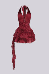 Floral mesh velvet halter top dress with plunging draped neckline featuring distressed vintage inspired fabrication