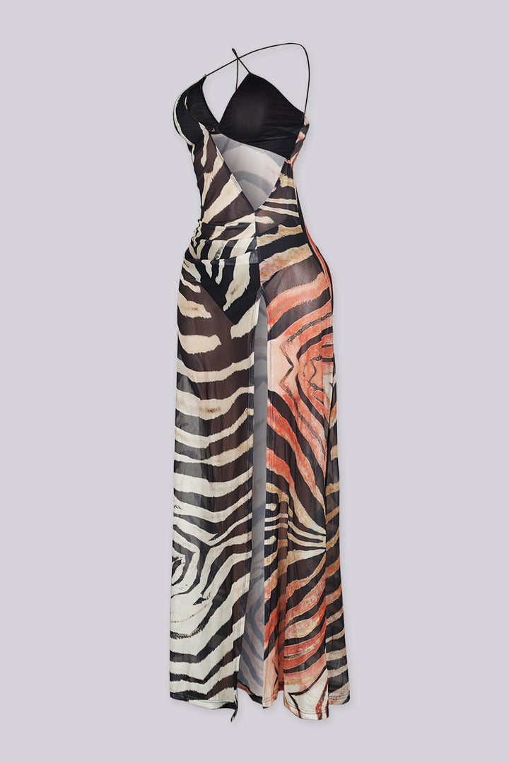 EDGEBYKS - Sheer maxi dress with plunging V front, Cutout detail at waist featuring high side, Comes with matching underwear, side view
