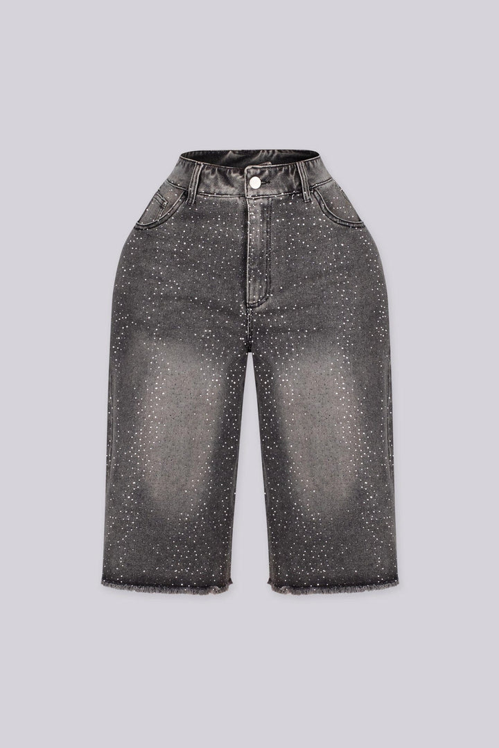 EDGEBYKS - Denim bermuda shorts with scattered rhinestone embellishments, front view