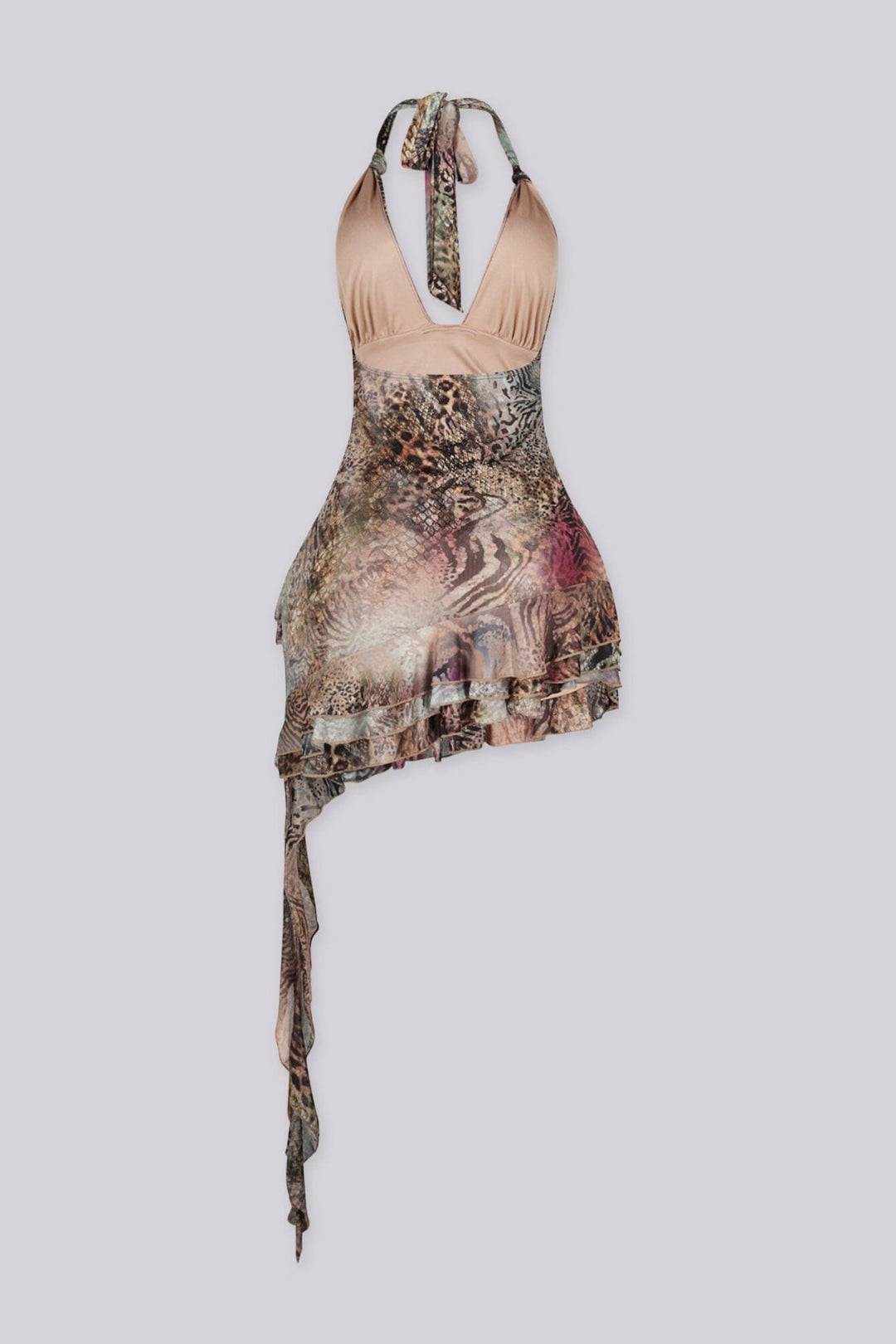EDGEBYKS - Tie closure halter neckline mini dress with plunging V front, backview