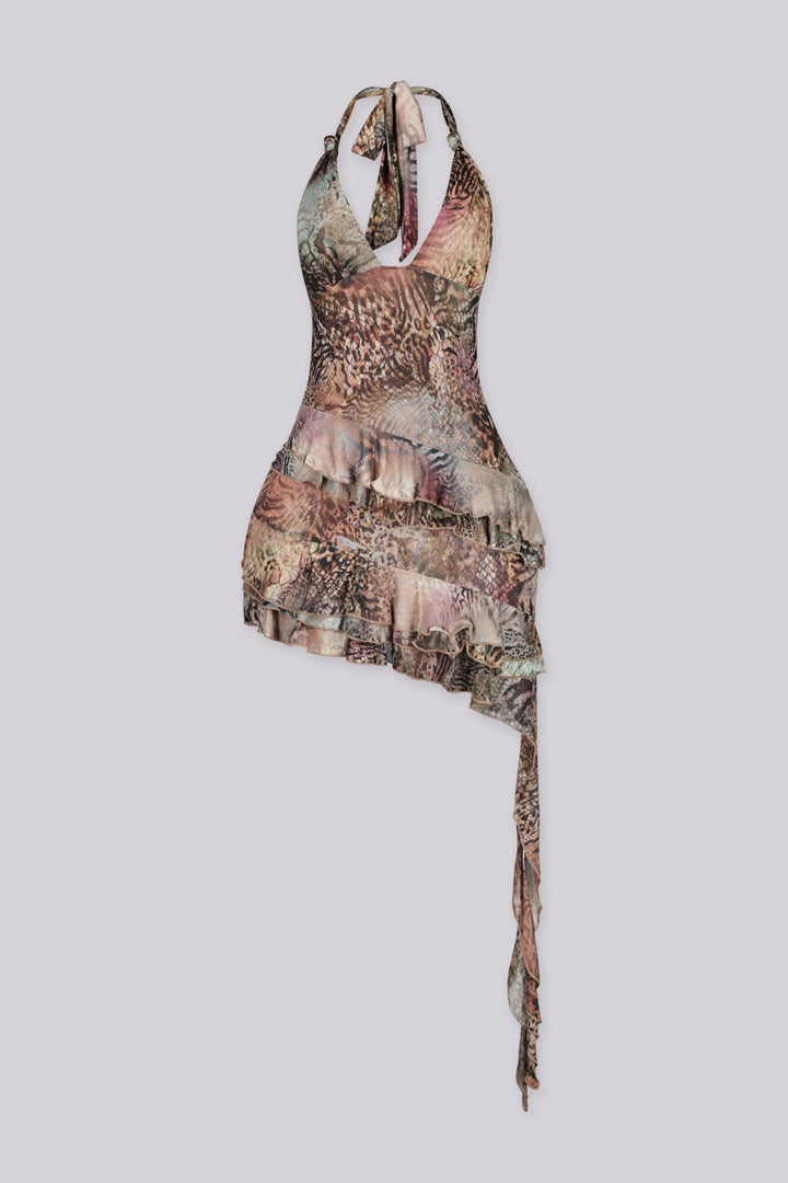 EDGEBYKS - Tie closure halter neckline mini dress with plunging V front, front view