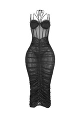 Mesh corset bodice halter midi dress with adjustable double thin straps and padded bra featuring horizontal ruched seam detail throughout