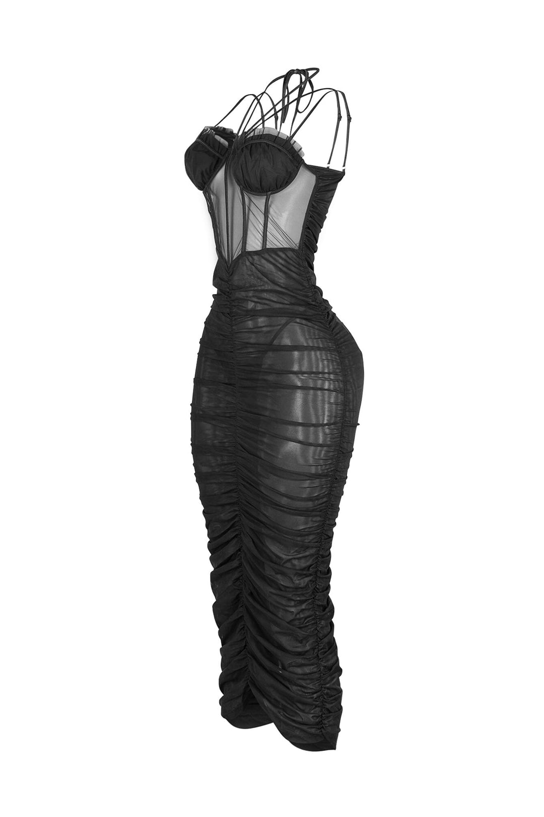 Mesh corset bodice halter midi dress with adjustable double thin straps and padded bra featuring horizontal ruched seam detail throughout