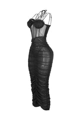 Mesh corset bodice halter midi dress with adjustable double thin straps and padded bra featuring horizontal ruched seam detail throughout