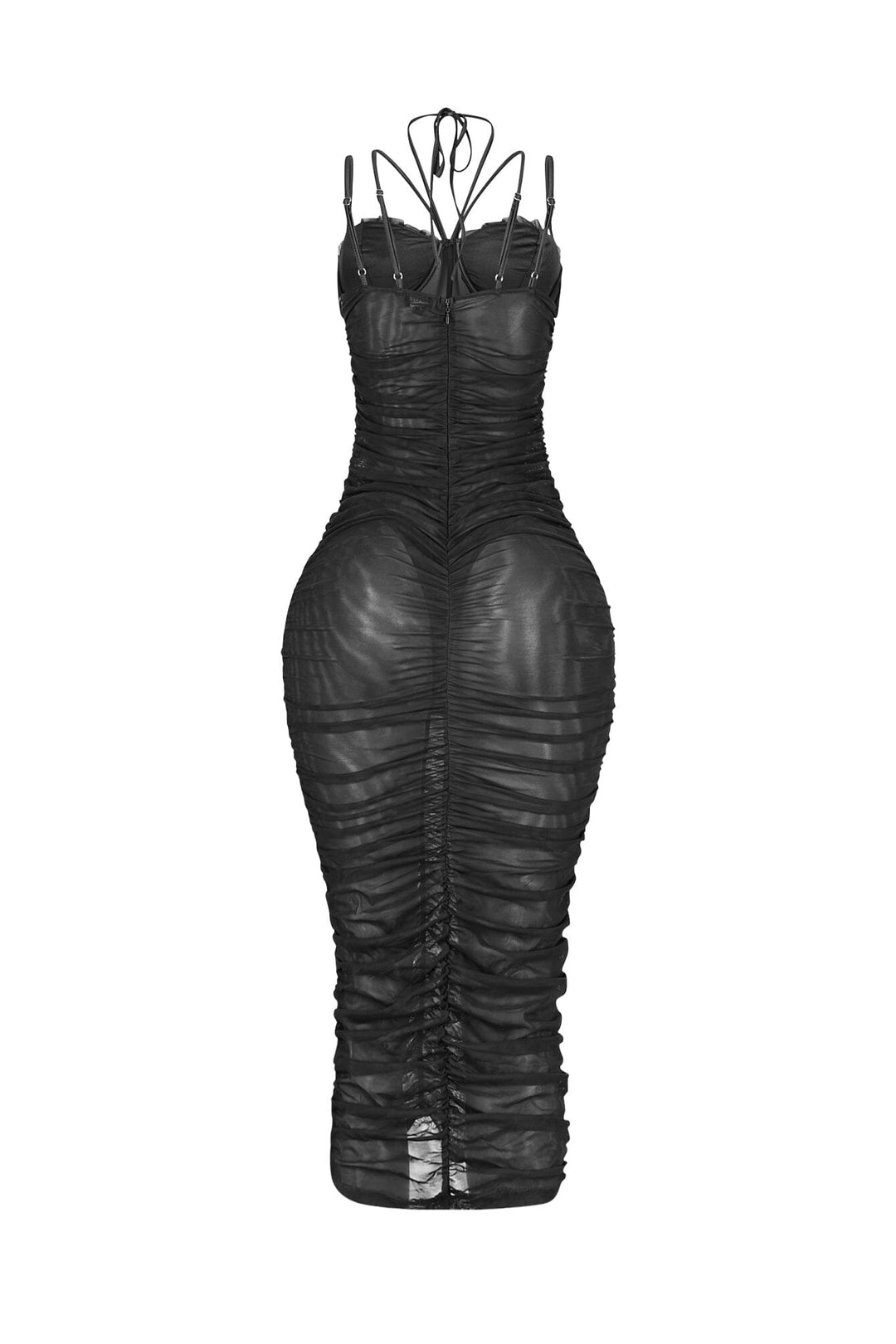 Mesh corset bodice halter midi dress with adjustable double thin straps and padded bra featuring horizontal ruched seam detail throughout