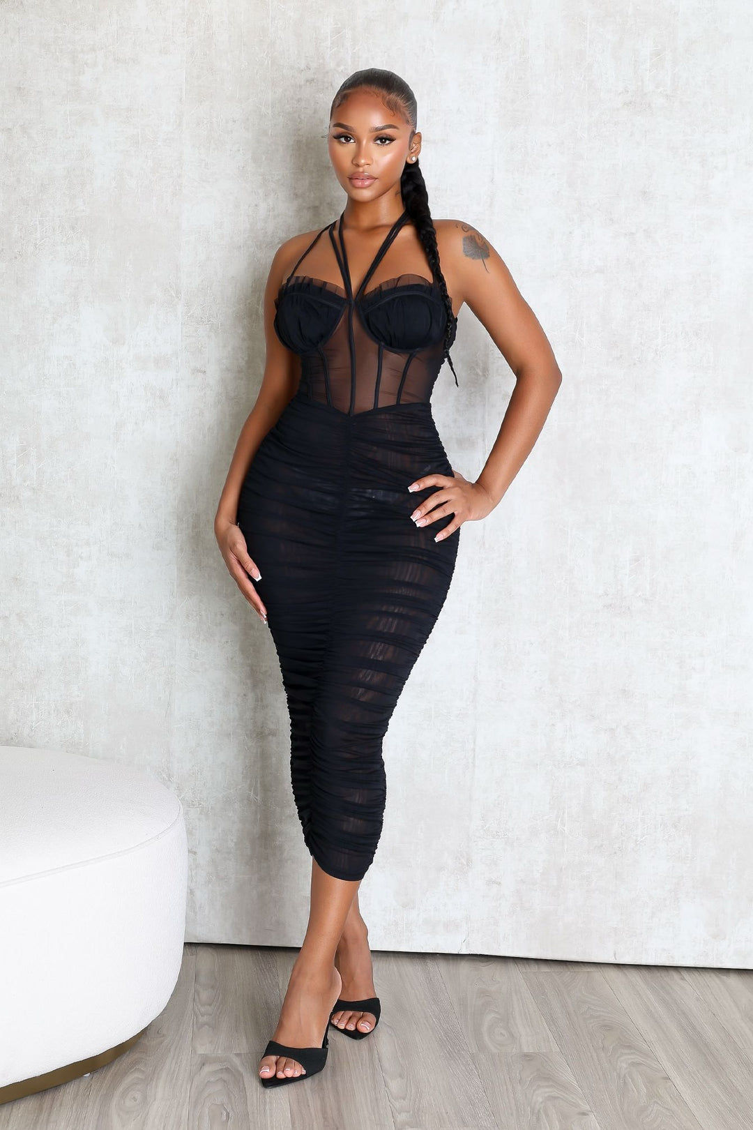 Mesh corset bodice halter midi dress with adjustable double thin straps and padded bra featuring horizontal ruched seam detail throughout