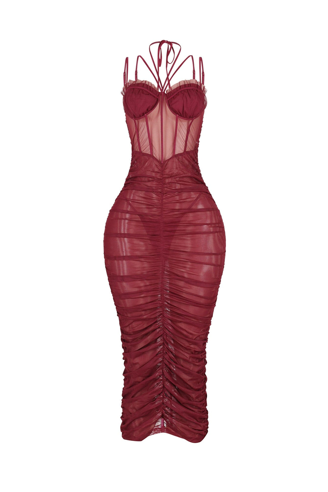 Mesh corset bodice halter midi dress with adjustable double thin straps and padded bra featuring horizontal ruched seam detail throughout