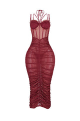 Mesh corset bodice halter midi dress with adjustable double thin straps and padded bra featuring horizontal ruched seam detail throughout