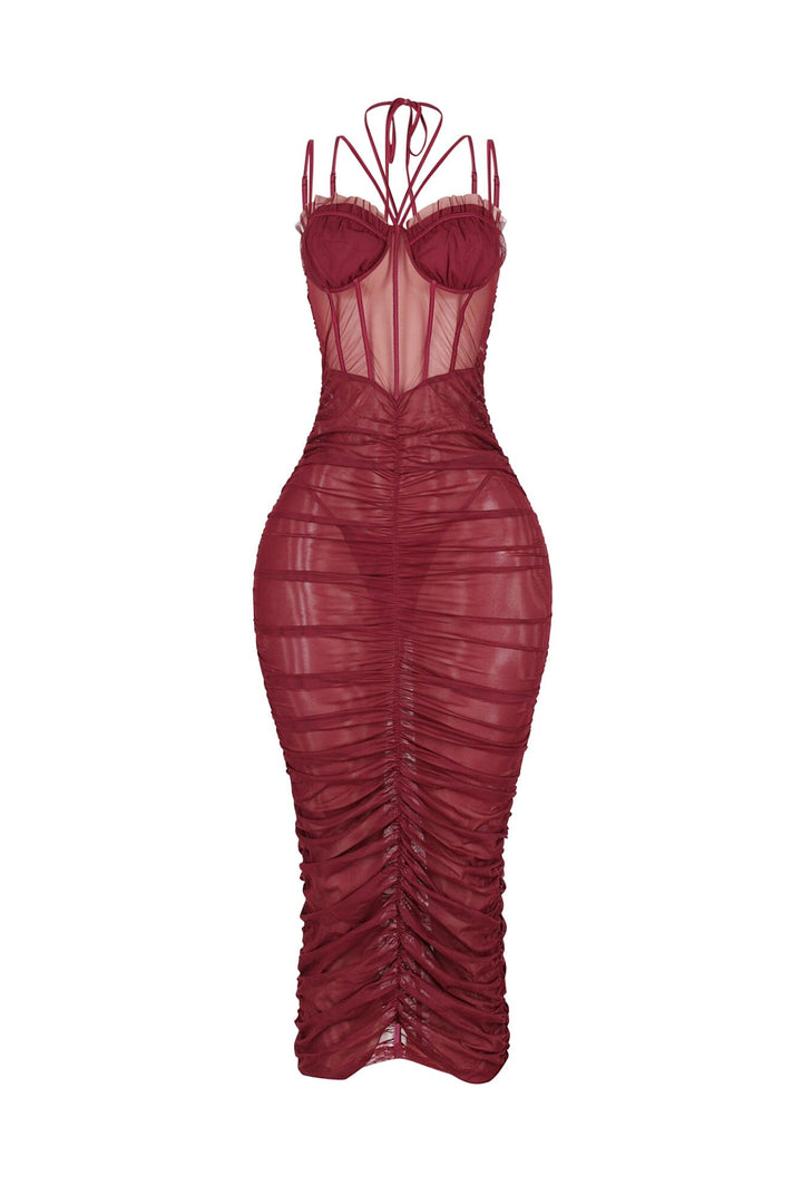 Mesh corset bodice halter midi dress with adjustable double thin straps and padded bra featuring horizontal ruched seam detail throughout