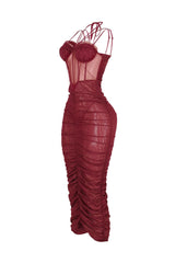 Mesh corset bodice halter midi dress with adjustable double thin straps and padded bra featuring horizontal ruched seam detail throughout