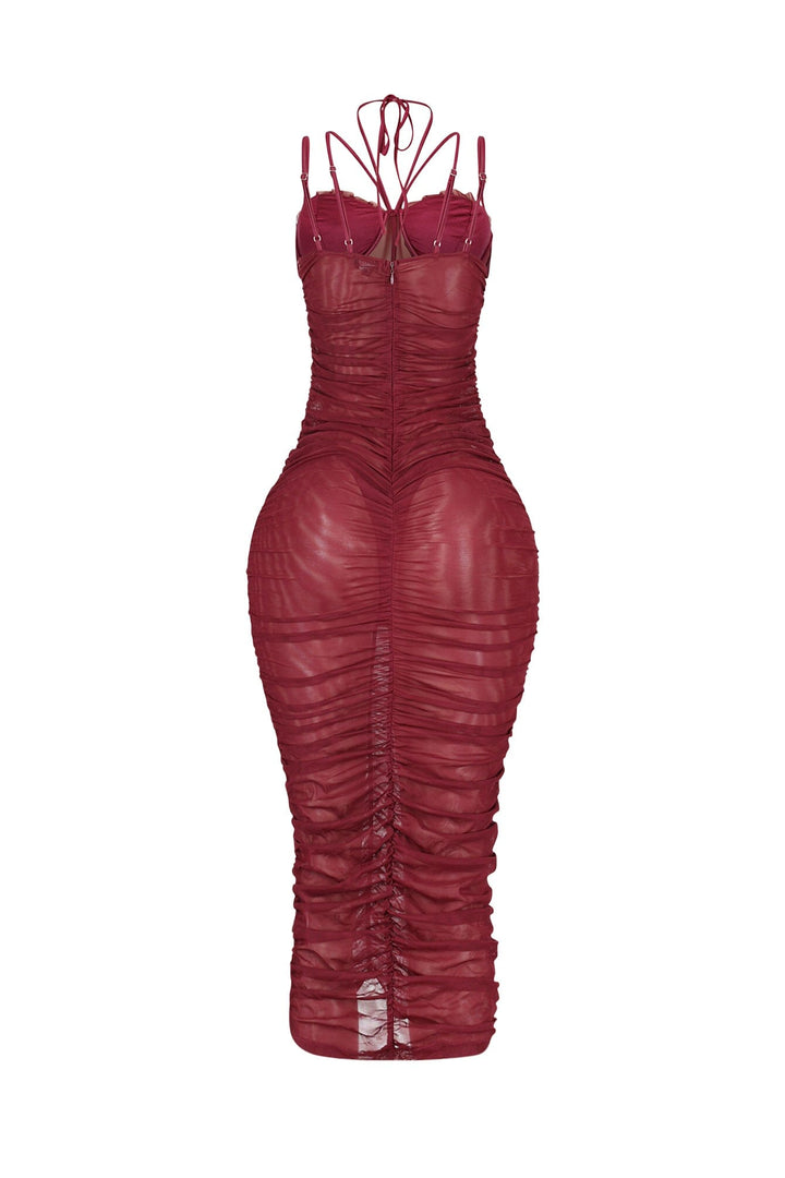 Mesh corset bodice halter midi dress with adjustable double thin straps and padded bra featuring horizontal ruched seam detail throughout