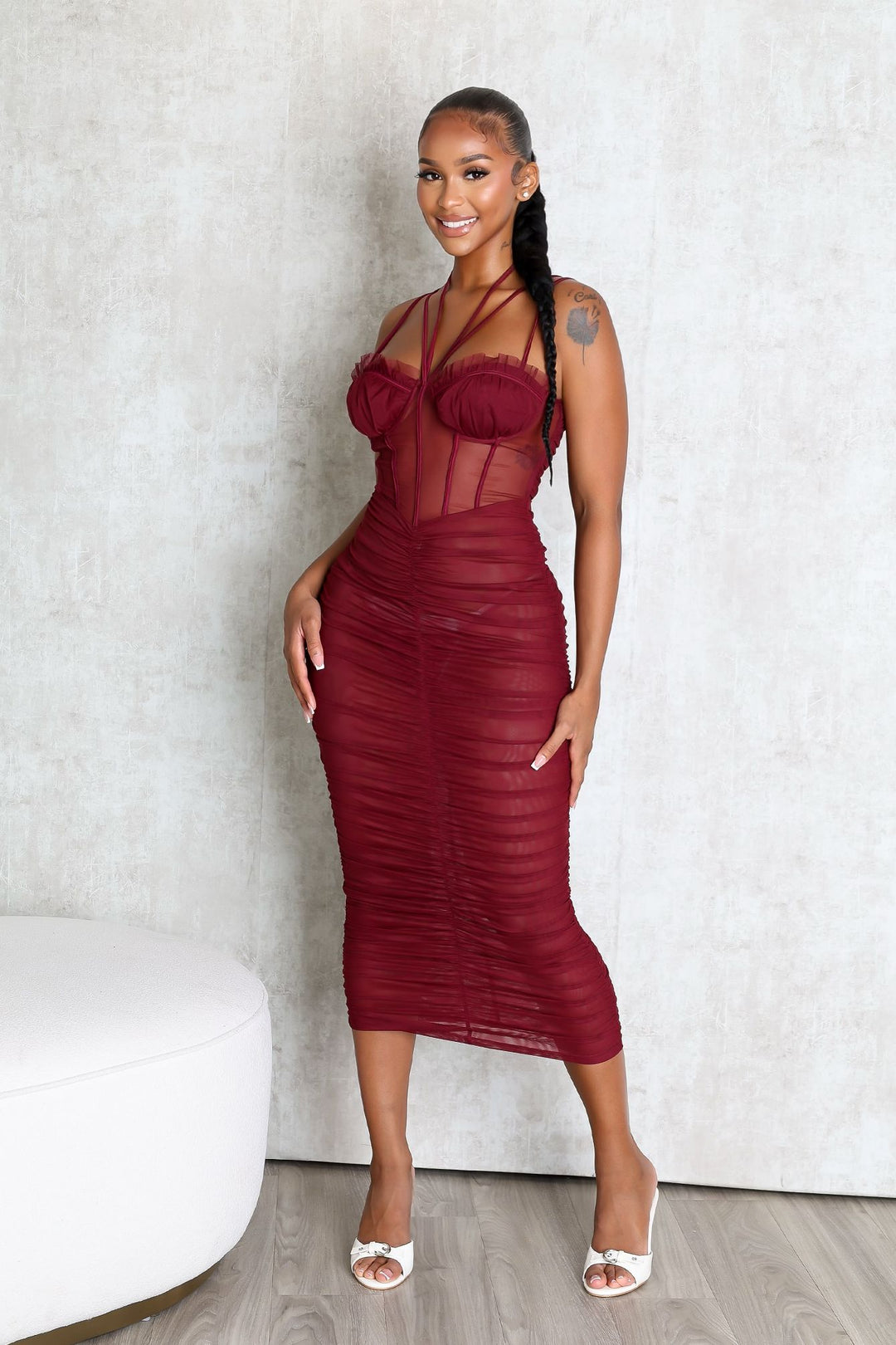 Mesh corset bodice halter midi dress with adjustable double thin straps and padded bra featuring horizontal ruched seam detail throughout