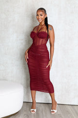 Mesh corset bodice halter midi dress with adjustable double thin straps and padded bra featuring horizontal ruched seam detail throughout