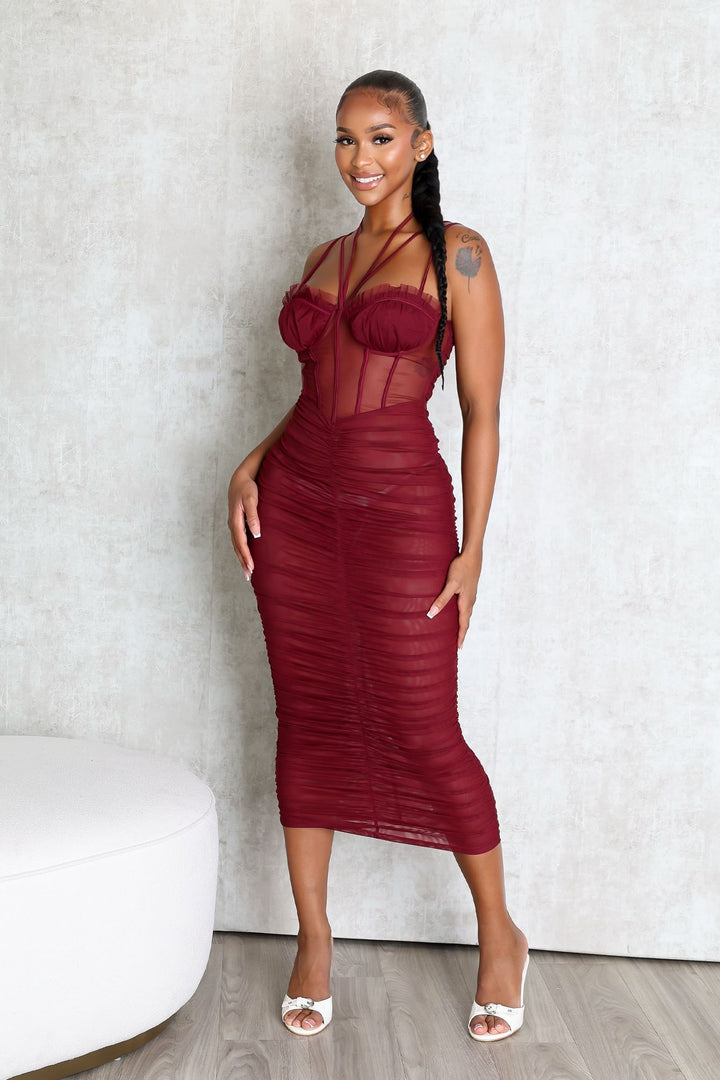 Mesh corset bodice halter midi dress with adjustable double thin straps and padded bra featuring horizontal ruched seam detail throughout