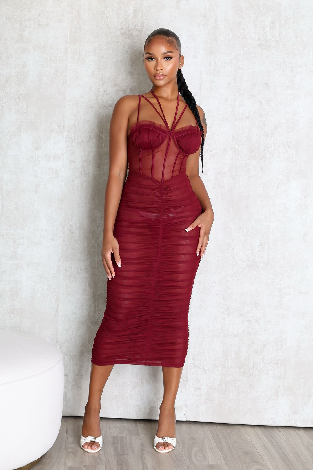 Mesh corset bodice halter midi dress with adjustable double thin straps and padded bra featuring horizontal ruched seam detail throughout