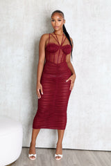Mesh corset bodice halter midi dress with adjustable double thin straps and padded bra featuring horizontal ruched seam detail throughout