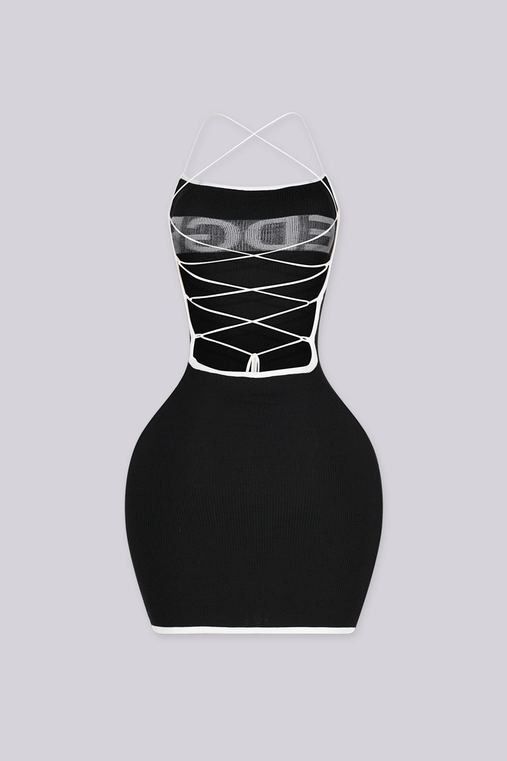 EDGEBYKS - Strapless bodycon knit mini dress with crisscross lace up cutout detailing at back, back view