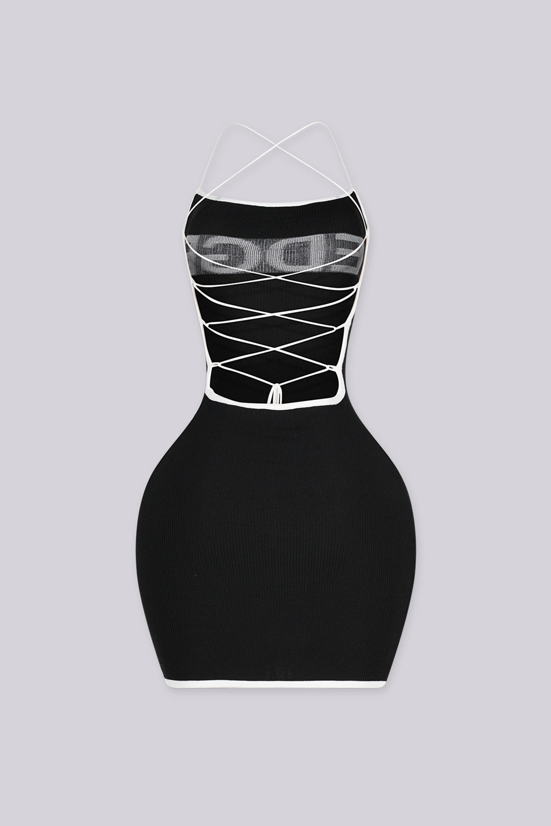 EDGEBYKS - Strapless bodycon knit mini dress with crisscross lace up cutout detailing at back, back view