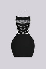 EDGEBYKS - Strapless bodycon knit mini dress with crisscross lace up cutout detailing at back, back view
