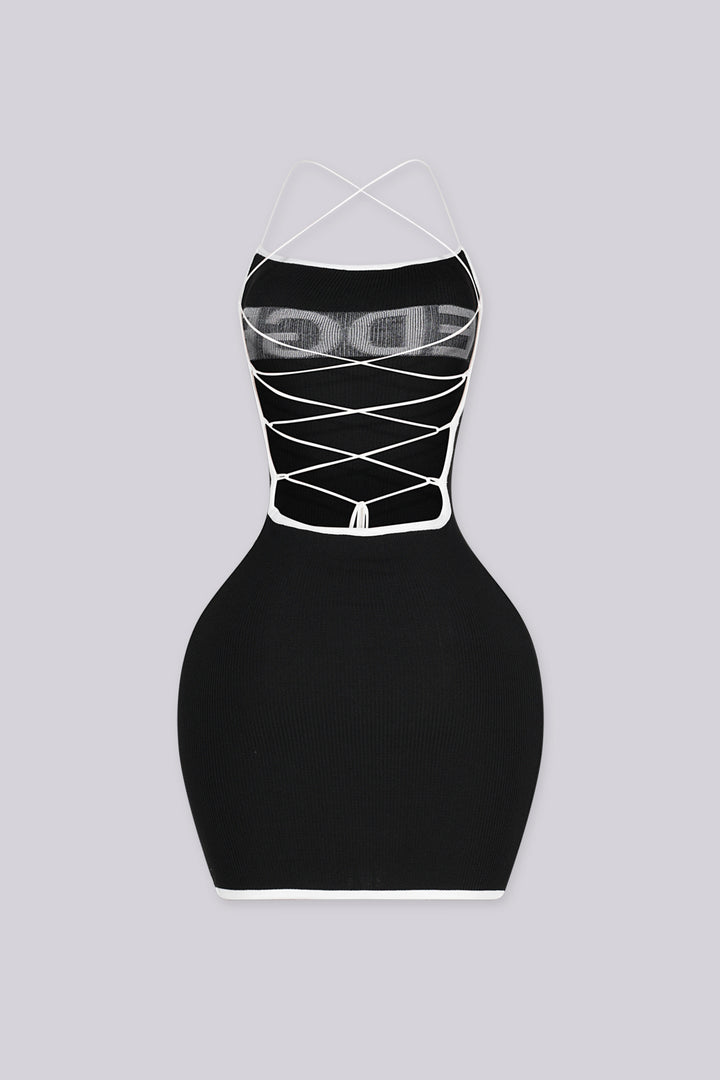 EDGEBYKS - Strapless bodycon knit mini dress with crisscross lace up cutout detailing at back, back view