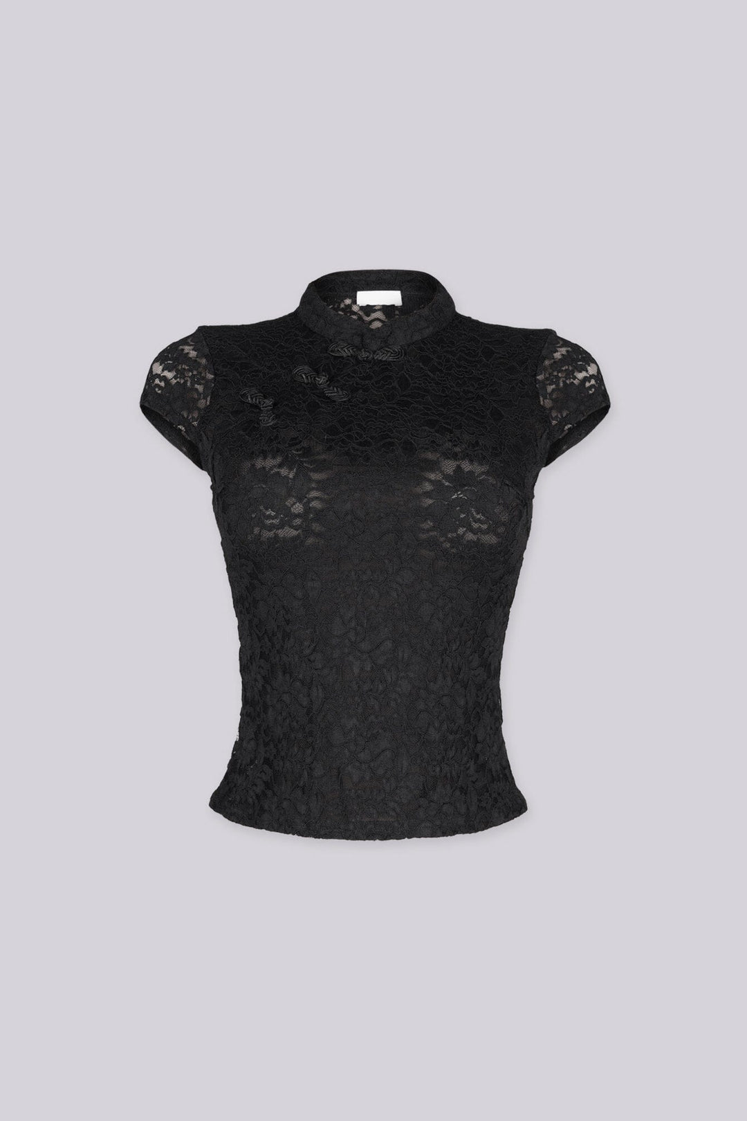 Sheer floral lace fitted crop top with mandarin collar and cap sleeves