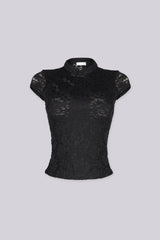Sheer floral lace fitted crop top with mandarin collar and cap sleeves