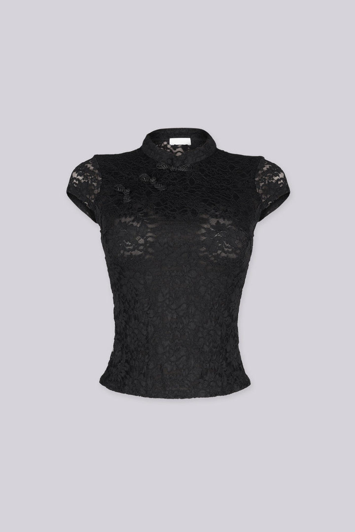 Sheer floral lace fitted crop top with mandarin collar and cap sleeves
