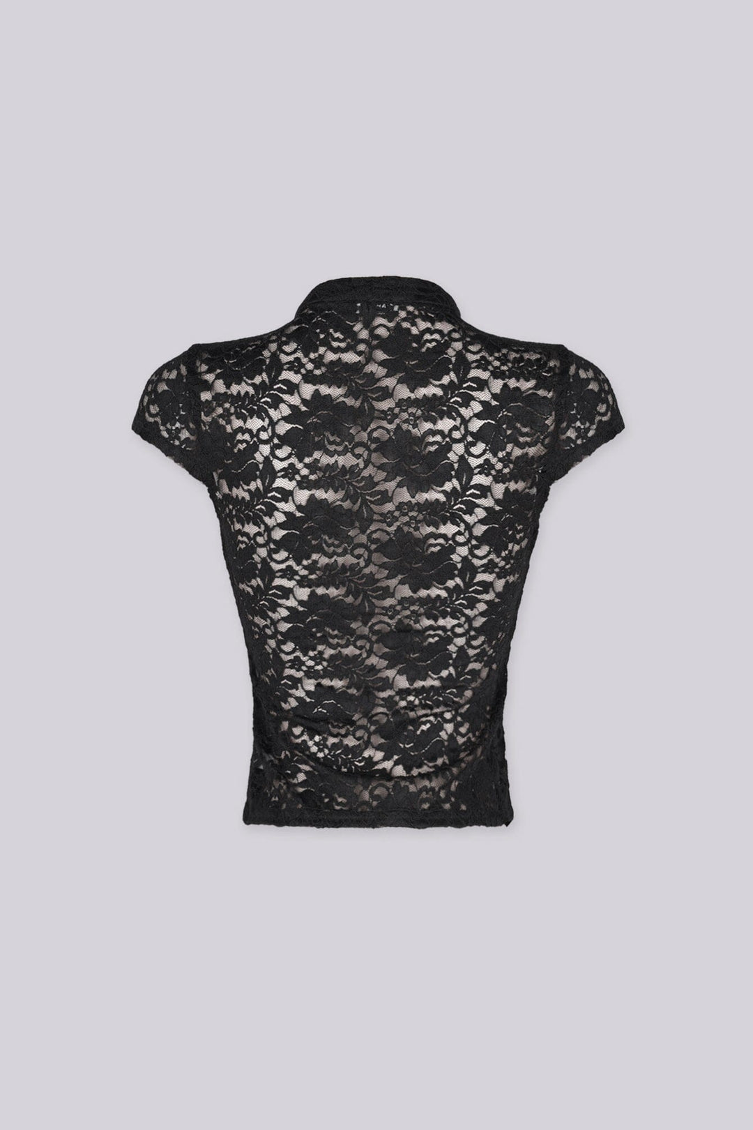 Sheer floral lace fitted crop top with mandarin collar and cap sleeves