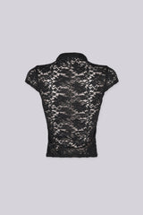 Sheer floral lace fitted crop top with mandarin collar and cap sleeves