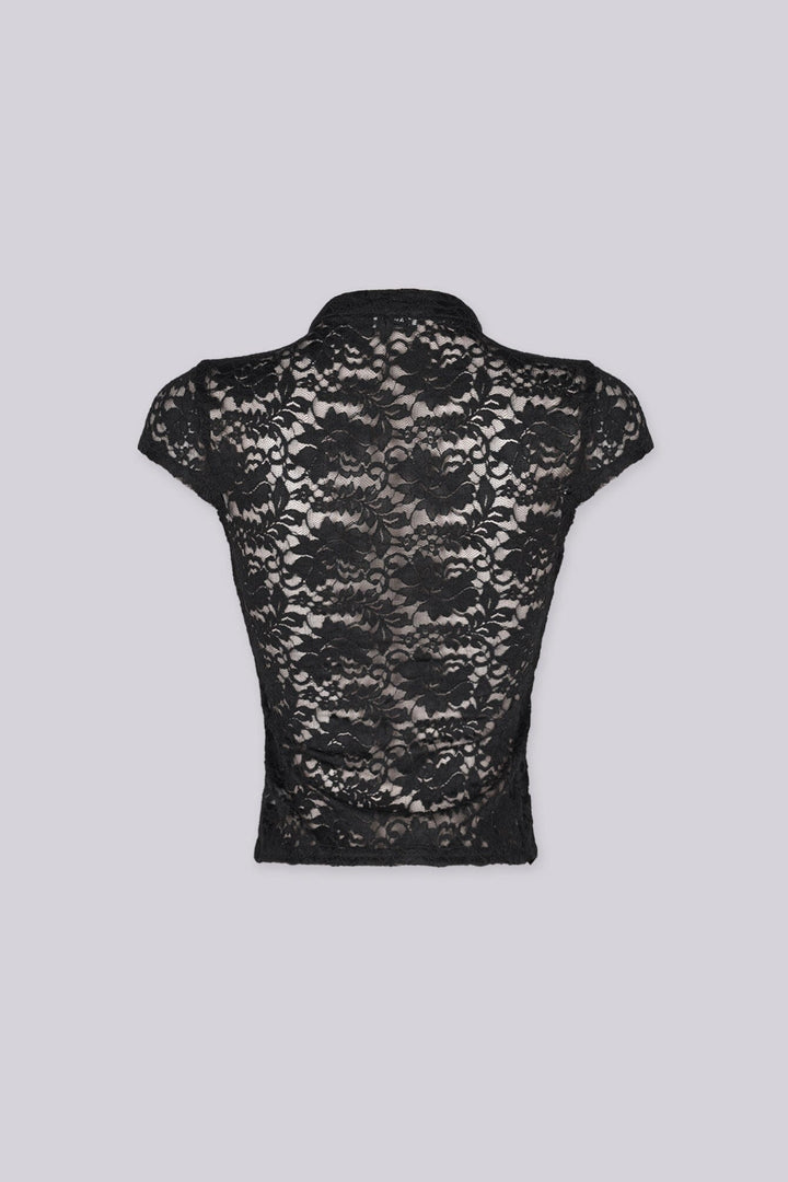 Sheer floral lace fitted crop top with mandarin collar and cap sleeves