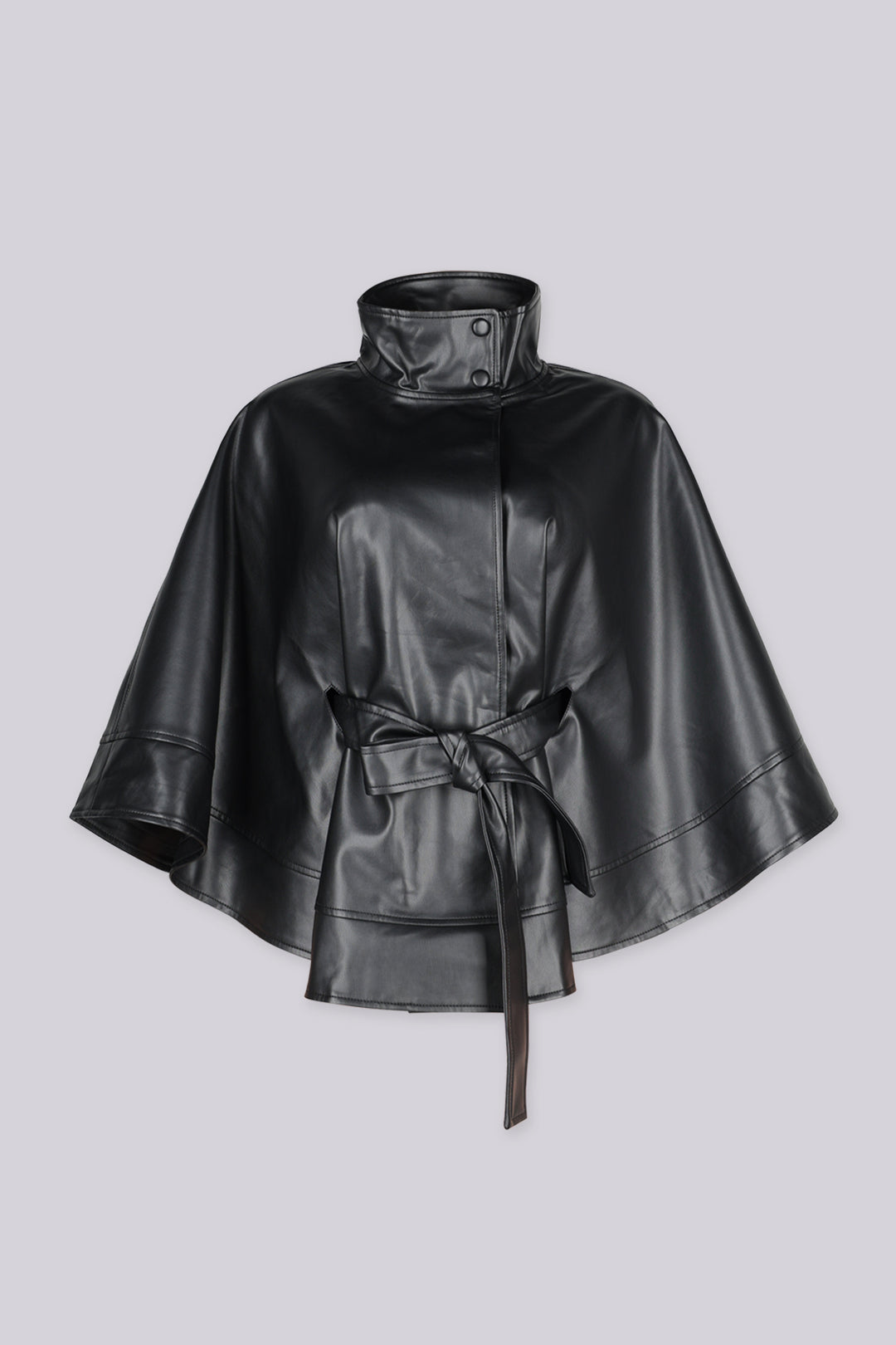 High funnel neckline faux leather poncho cape with draped silhouette featuring wide