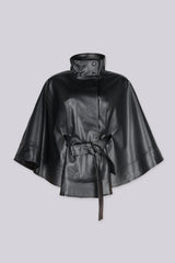 High funnel neckline faux leather poncho cape with draped silhouette featuring wide