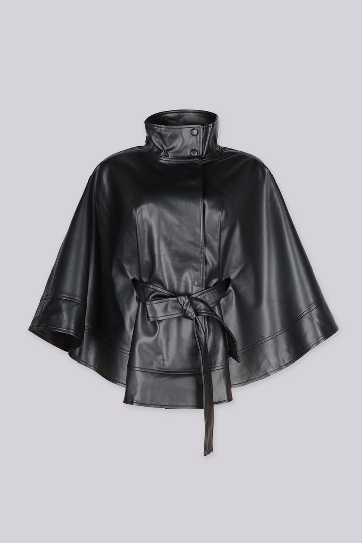 High funnel neckline faux leather poncho cape with draped silhouette featuring wide