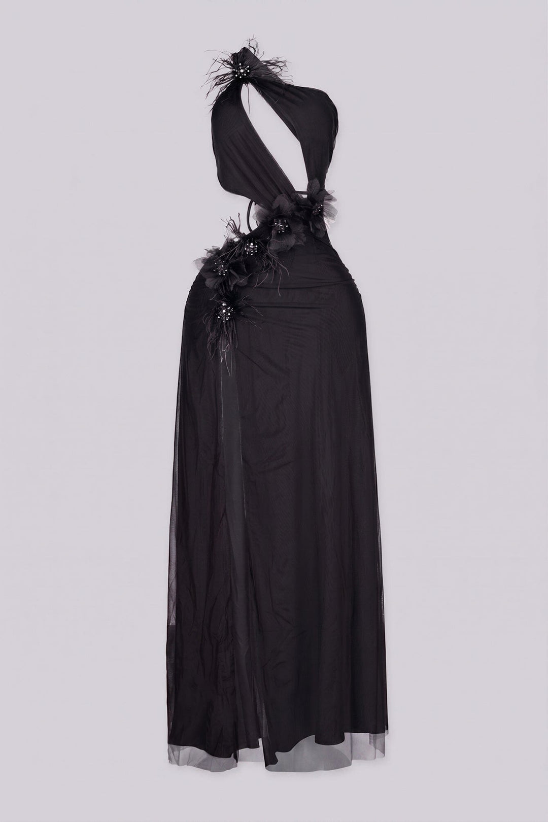 EDGEBYKS - Mesh one shoulder maxi dress with a plunging cutout waist, black front view