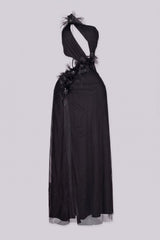EDGEBYKS - Mesh one shoulder maxi dress with a plunging cutout waist, black front view