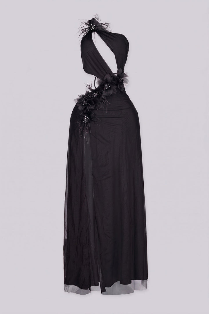EDGEBYKS - Mesh one shoulder maxi dress with a plunging cutout waist, black front view