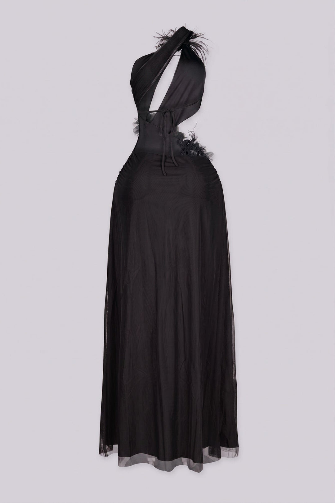 EDGEBYKS - Mesh one shoulder maxi dress with a plunging cutout waist, black back view