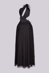 EDGEBYKS - Mesh one shoulder maxi dress with a plunging cutout waist, black back view