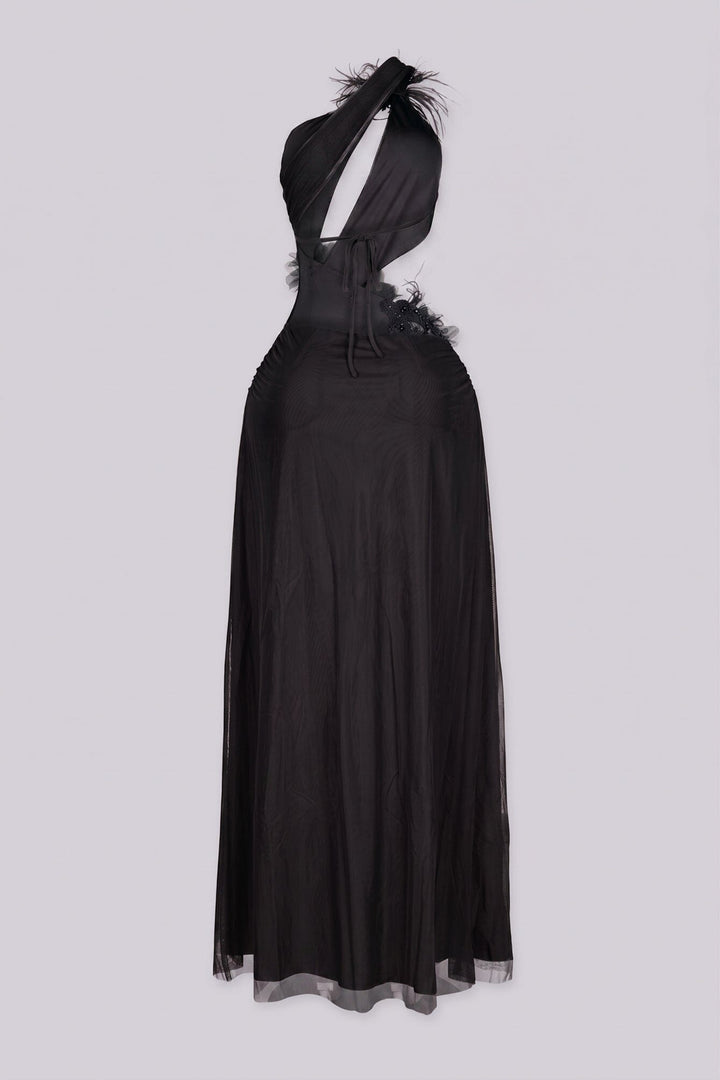 EDGEBYKS - Mesh one shoulder maxi dress with a plunging cutout waist, black back view