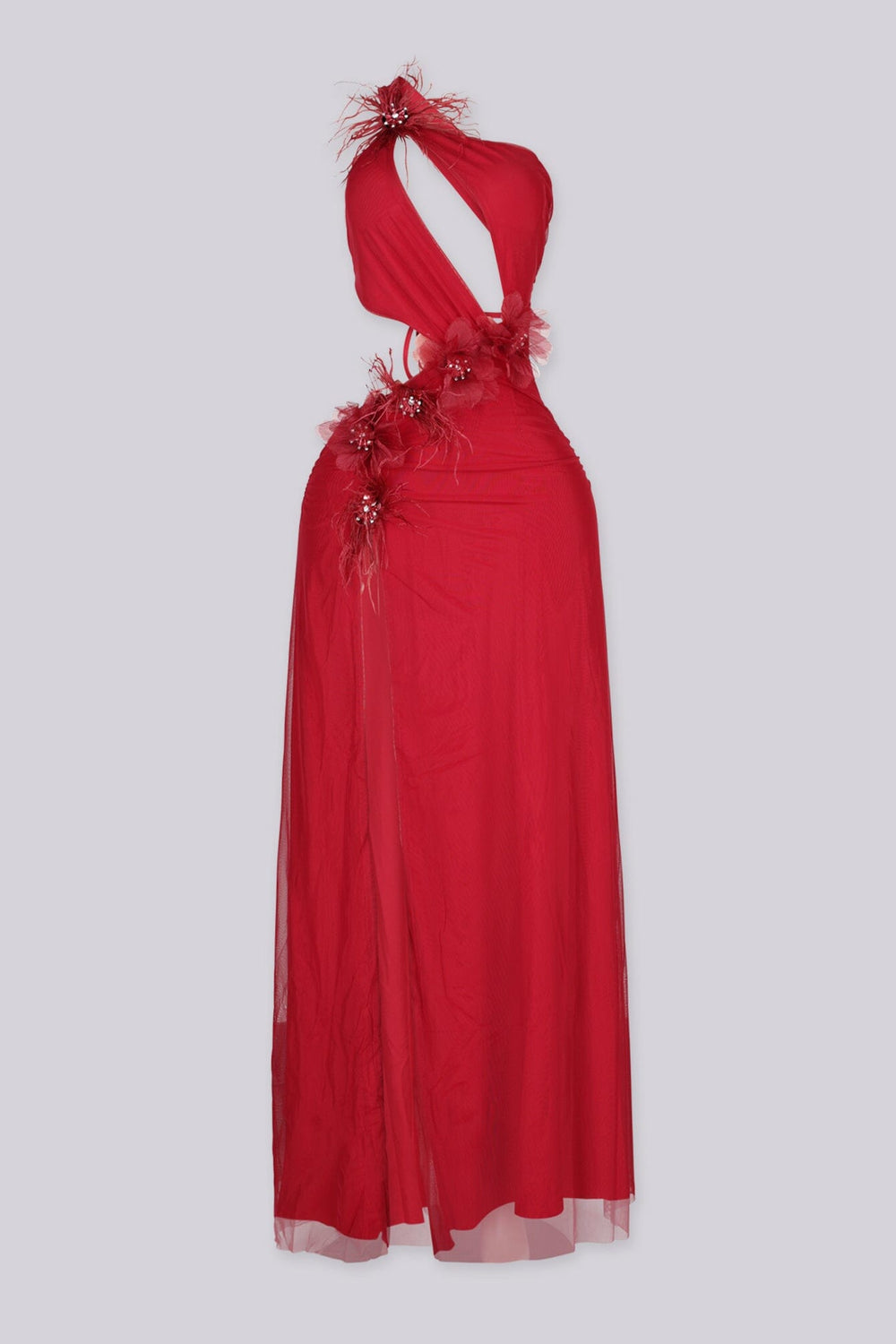 EDGEBYKS - Mesh one shoulder maxi dress with a plunging cutout waist, red front view