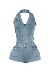 Washed denim halter neck romper featuring adjustable wide belt and pockets detail