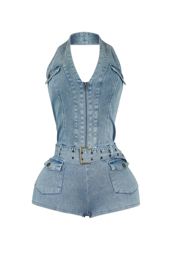 Washed denim halter neck romper featuring adjustable wide belt and pockets detail